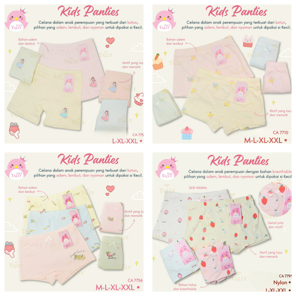 RVC75 - TALLY Celana Dalam Pop Anak Perempuan M L XL XXL CD Boxer Anak Cewek Katun Lembut Pakaian Da