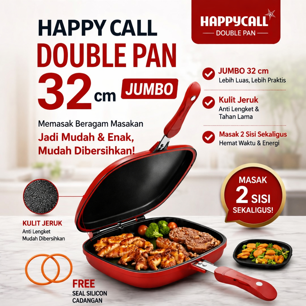 Happy Call Double Pan Jumbo 32cm Anti Lengket Teflon Premium – Wajan Bolak Balik Asli Praktis & Mult