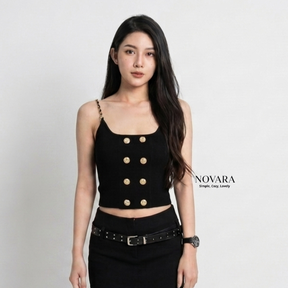 NOVARA Tanktop Rajut Wanita Gold Button Premium Slim Fit | Tanktop Crop Rajut Premium Kancing Gold S