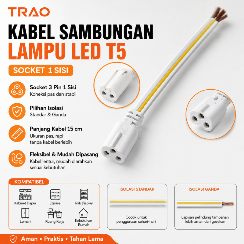 Trao Kabel Sambungan Lampu LED T5 Fitting Socket 2-3 Pin 1 Sisi Konektor Power Connector Kabel Exten