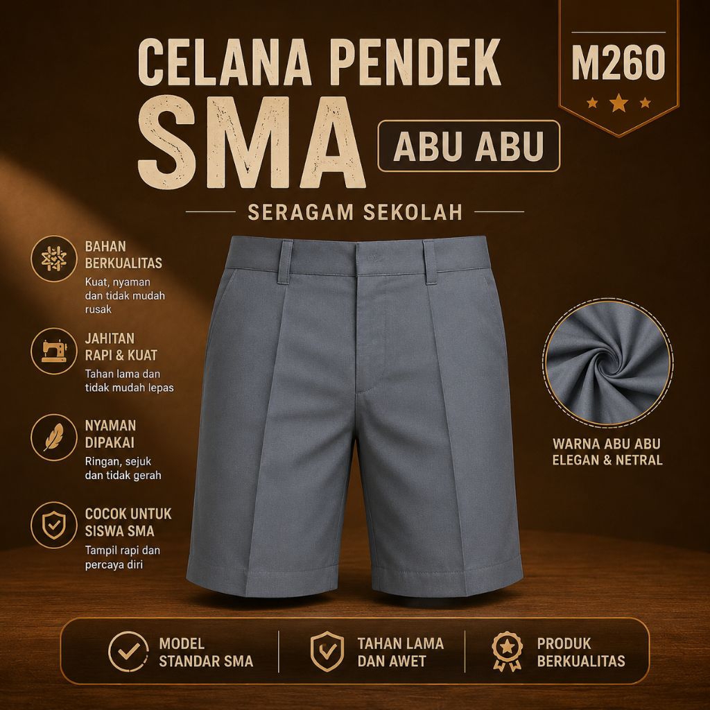 Celana Pendek SMA Abu-Abu M260 | Seragam Sekolah Premium