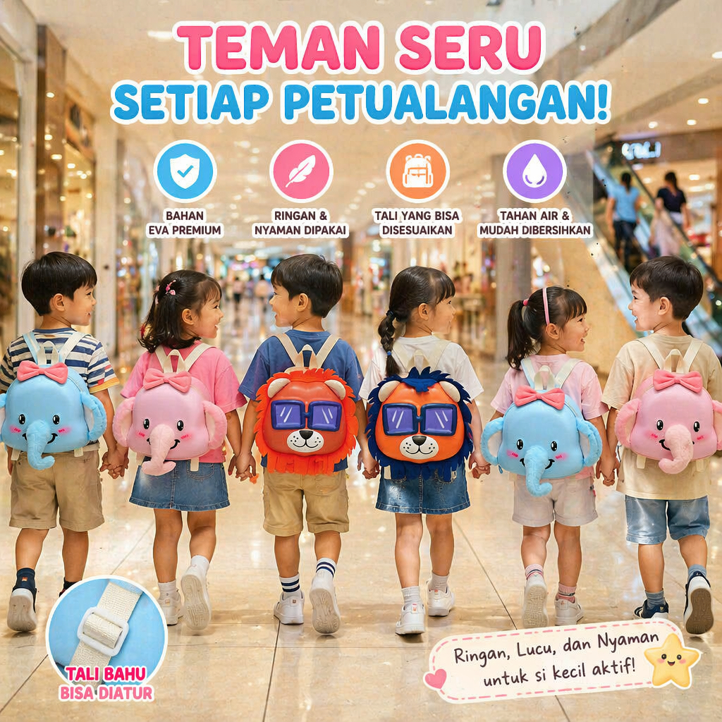 Lbagstore Tas Ransel Backpack Tenteng Anak Sekolah SD TK PAUD Balita Model Singa Gajah Kucing Beruang Dino 3D Desain Kartun Boneka Hewan Singa Kelinci Lucu  Hadiah Ulang Tahun Naik Kelas Sekolah Back To School