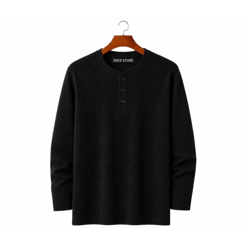KAOS KANCING HENLEY WAFFLE KNIT LENGAN PANJANG/KAOS KANCING KNIT PRIA POLOS