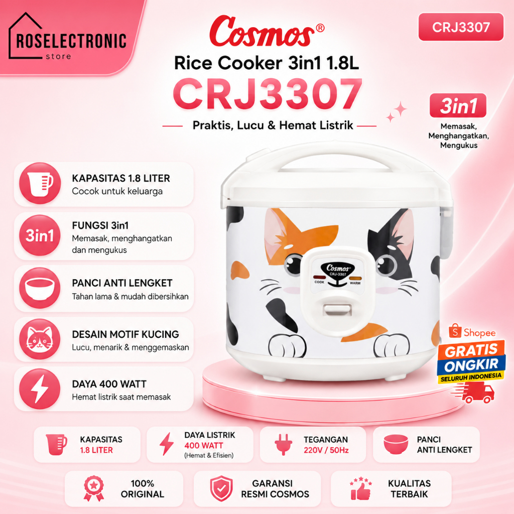 Cosmos CRJ 3307 Fabelia Series - Rice Cooker 1.8L Motif Kucing/CRJ-3307K/CRJ3307K/CRJ 3307K
