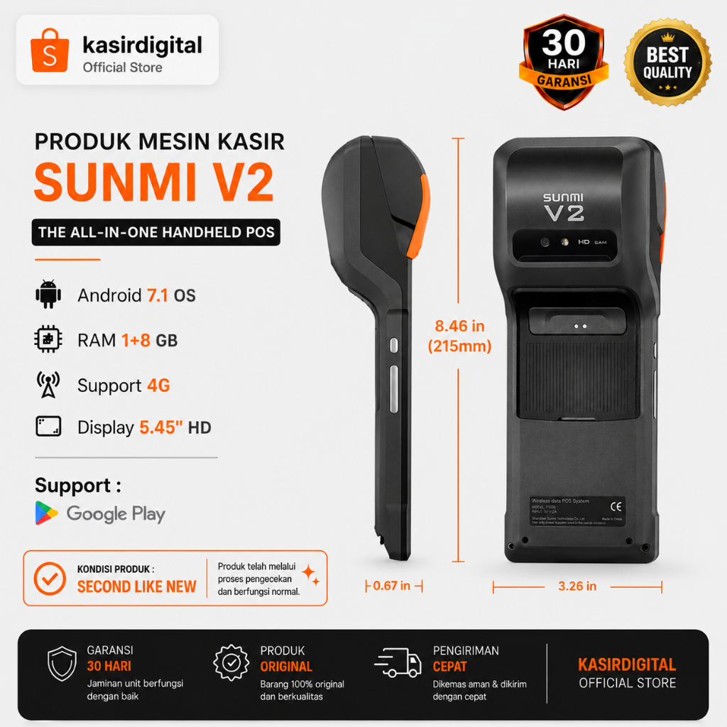 Mesin Kasir Android Portable SUNMI V2 RAM 1+8 GB 4G Second Bergaransi Support Playstore