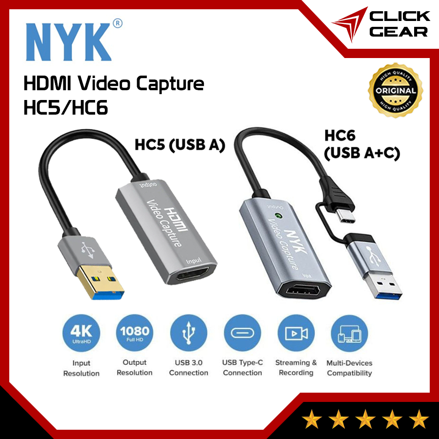 NYK HC5/HC6 - HDMI Video Capture Card USB3.0 + Type C 4K UHD Ultra HD Live Streaming Record Camera K