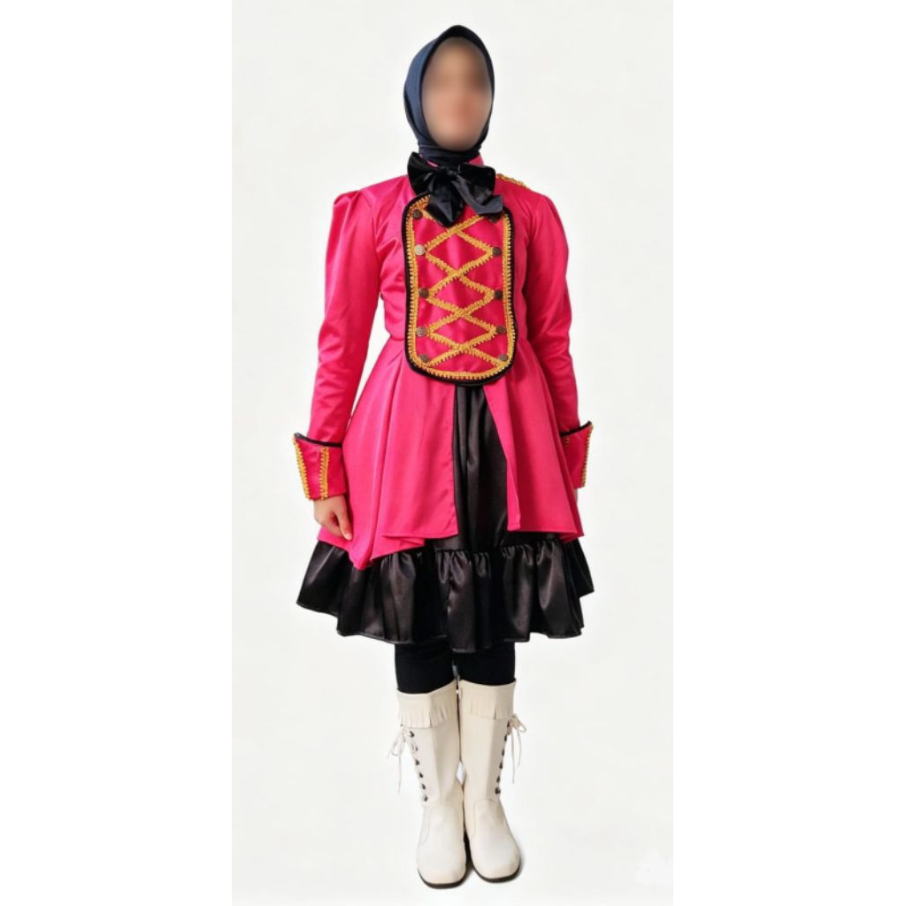 Kostum Drumband Mayoret Hijab Elegan Merah Hitam Second | Seragam Karnaval Wanita