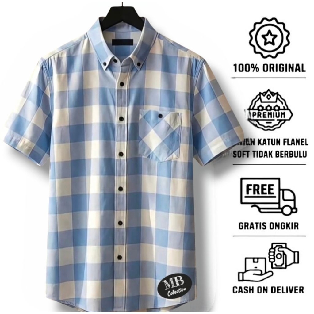 Kemeja Pria Oversize Lengan Pendek Kain Flanel super tebal halus