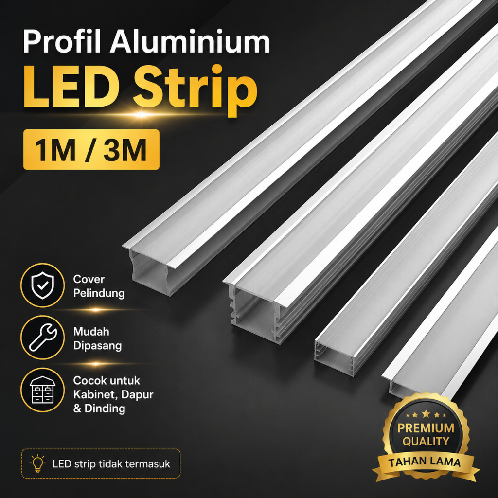 Profil Aluminium LED Strip 1M/3M dengan Cover PC untuk Kabinet, Dapur, Dinding dan Dekorasi Interior