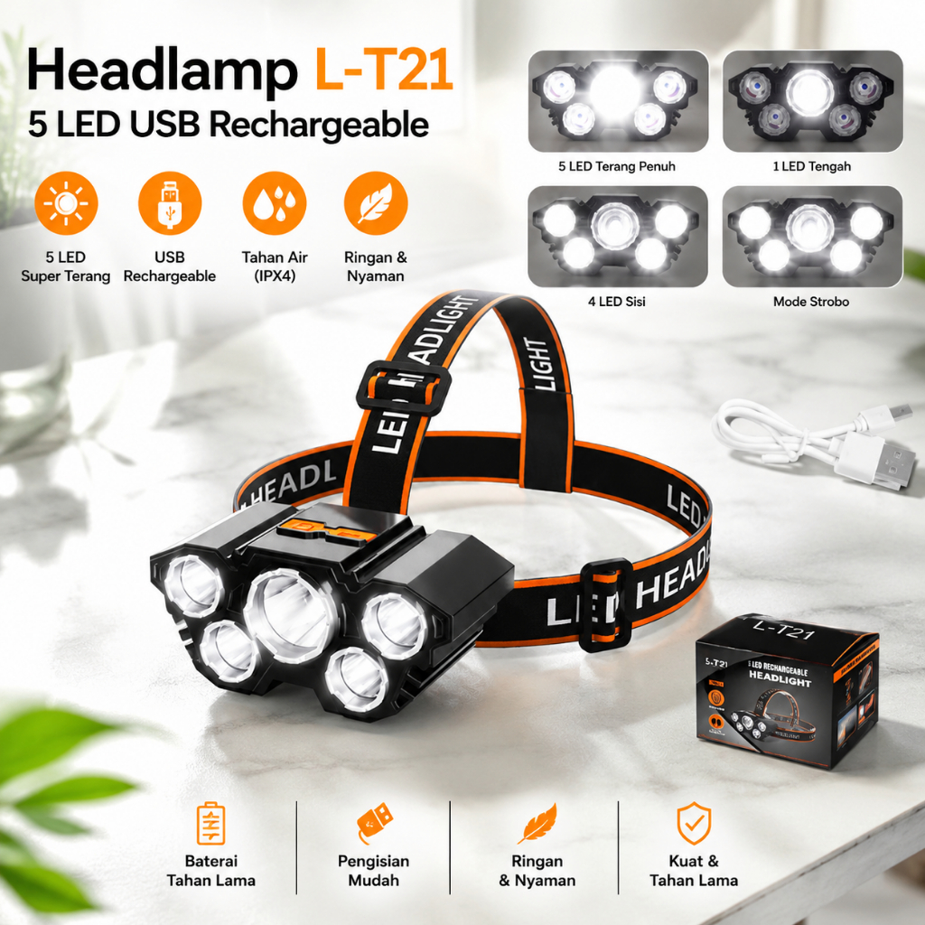 Senter Kepala 40 Watt L-T21 5 Led Rechargerable 4 Mode Cahaya Lampu Senter 50Watt