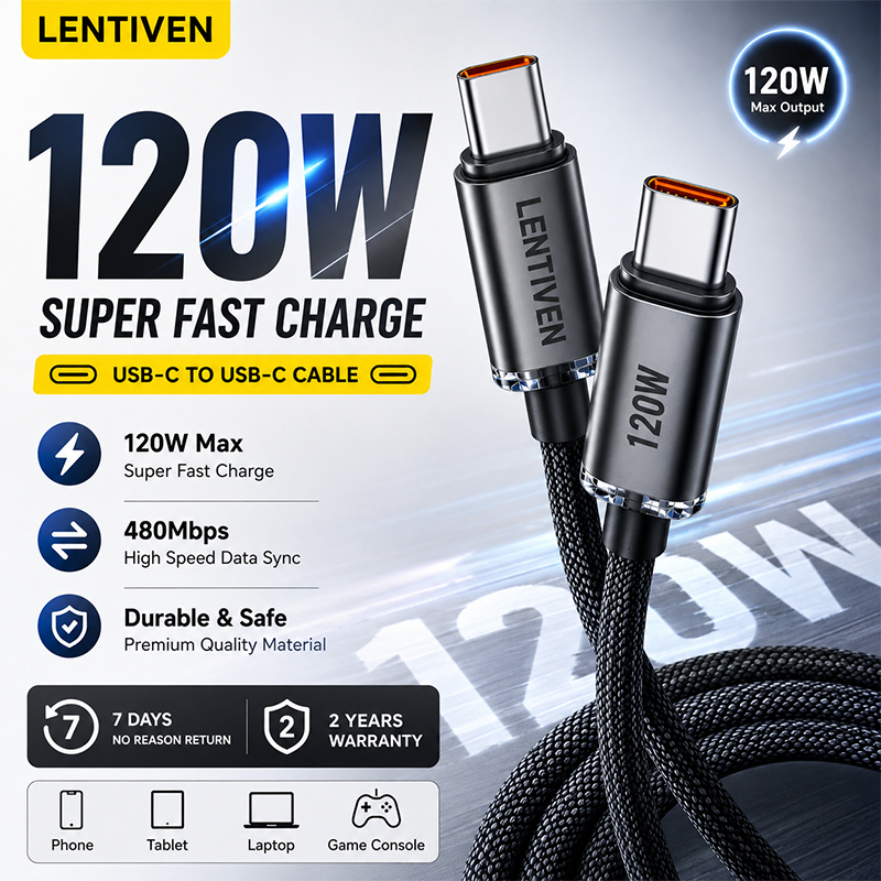WANKEI LENTIVEN 120W kabel data Fast Charging Type C To Type C Cable FOR iPhone ios usb Android Cabl