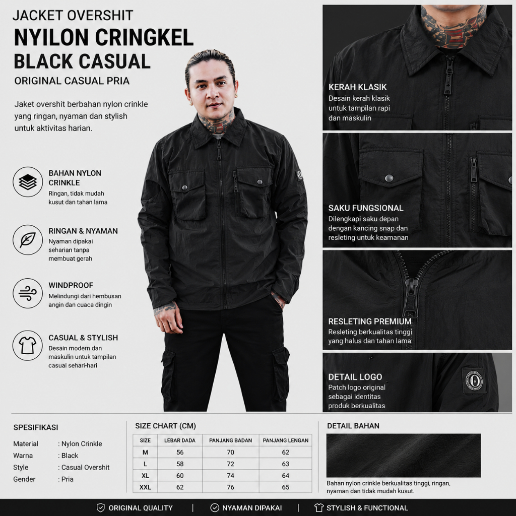 INSANITY - OVERSHIRT JACKET BLACK NYLON CRINGKE JAKET OVERSHIRT PRIA