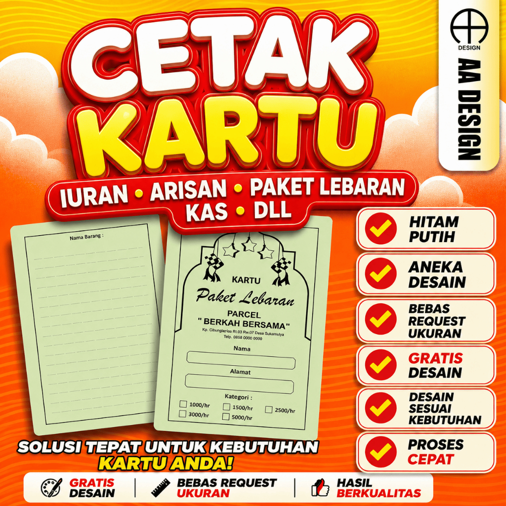Cetak Kartu Iuran Arisan Kas Paket Lebaran Custom Hitam Putih Gratis Desain Bebas Ukuran