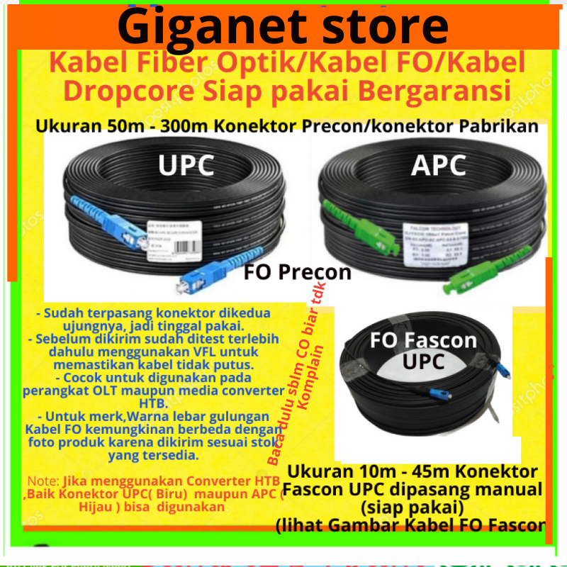 Kabel Fiber Optik Dropcore FTTH  Kabel FO  Kabel Wifi 1 core 3 sling 10m 15m 20m 25m 35m 40m 50m 60m