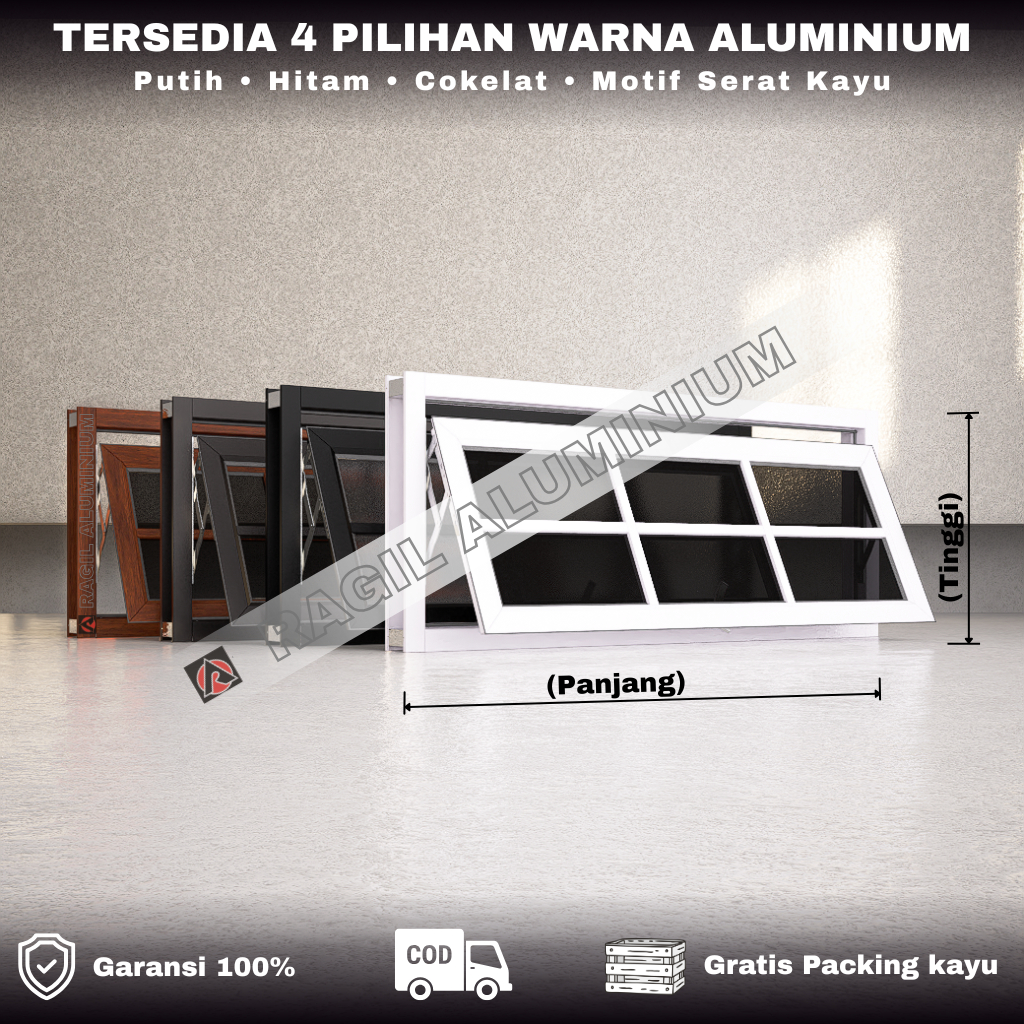 Jendela Aluminium Boven 1 Daun Jungkit Casement Ornamen Tinggi 50 cm x Panjang 100 cm (50x100)