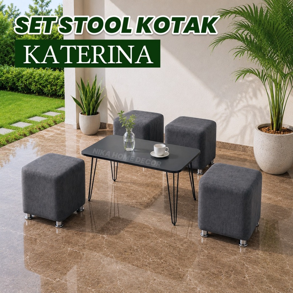Set Stool Kotak KATERINA 4 Stool Kotak 1 Meja Panjang Minimalis Kain Bludru Katerina Ruang Tamu Cafe