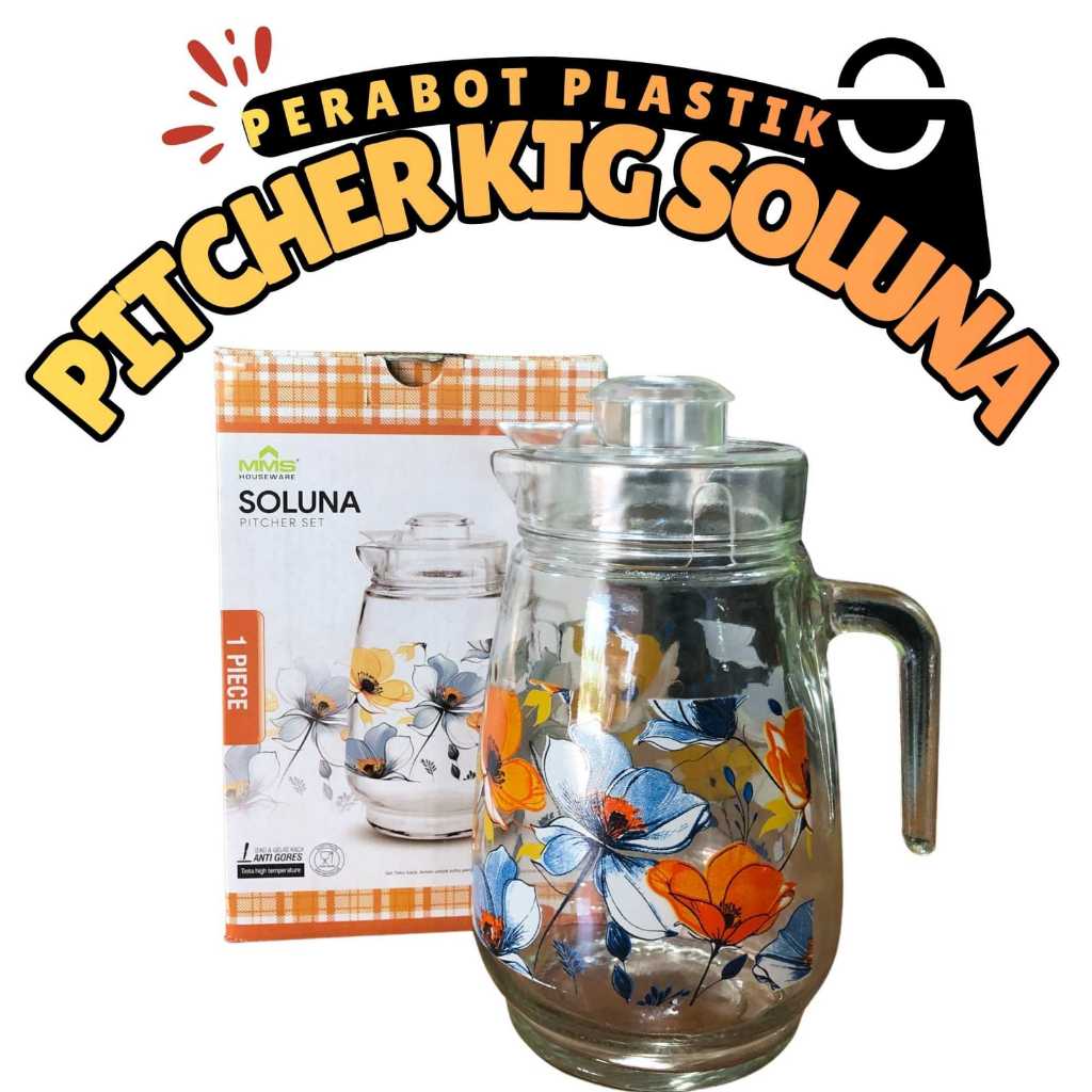 Pitcher Kig Soluna / Water Jug / Teko Kaca Tempat Minum Motif Bunga dengan Tutup dan Pegangan