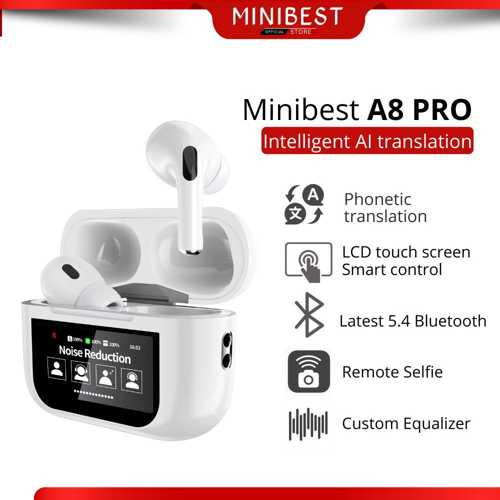MINIBEST A8 PRO AI Translation TWS Earphone Headset Bluetooth V5.4 Smart Screen Active Noise Reducti