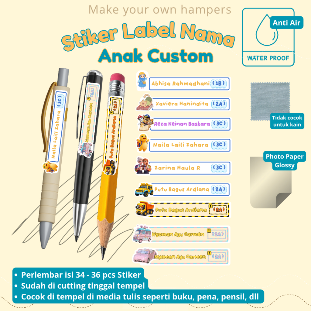 Stiker Label Nama Anak Custom Waterproof SEHARI JADI , 34-36 Pcs, Cocok Untuk Pensil, Pena, Buku
