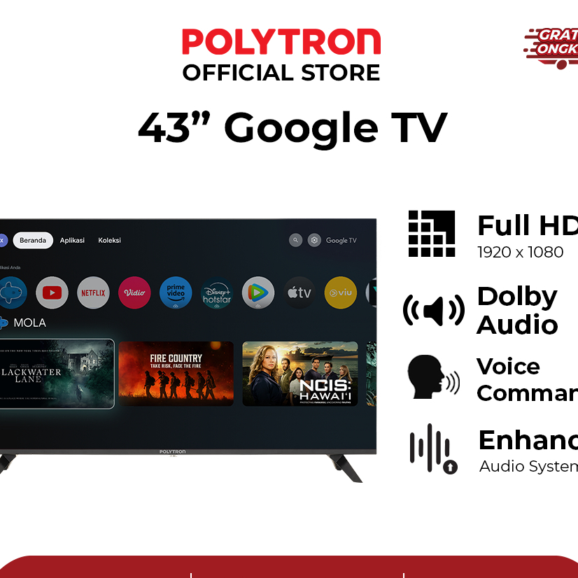 TV LED Android Polytron 43 inch PLD-43RG9059 4K Google TV