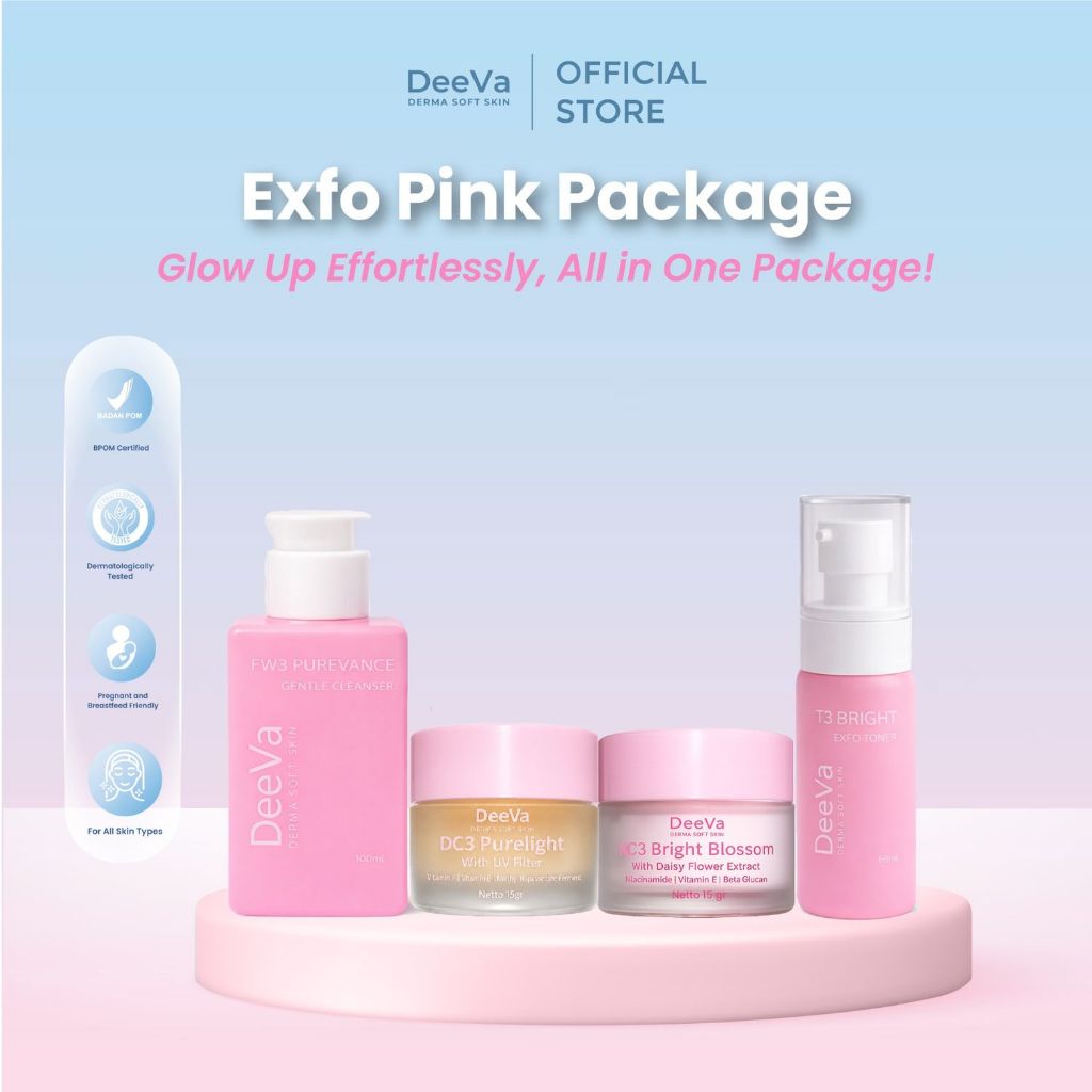 DeeVa Derma Soft Skin - Exfo Pink Package (Paket Glowing isi Day Cream DC3, Gentle Cleanser FW3, Ton