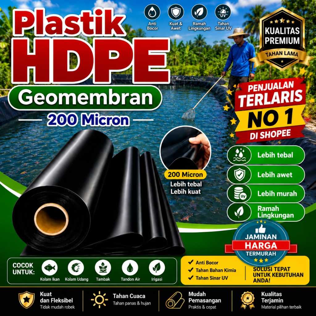 HDPE GEOMEMBRANE PLASTIK KOLAM Tebal - Lebar 4 Meter dan 3 meter ( setelah dibelah ) - Ketebalan 150