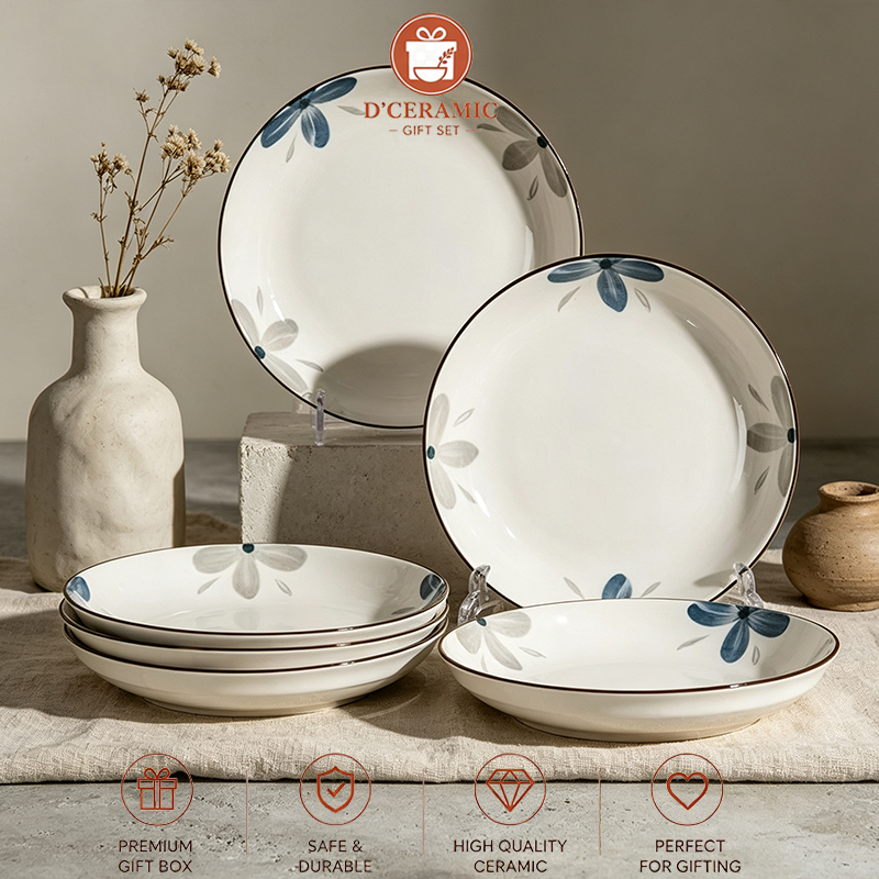 Set Peralatan Makan Keramik Motif Bunga Biru | Piring & Mangkuk Keramik Premium Japandi