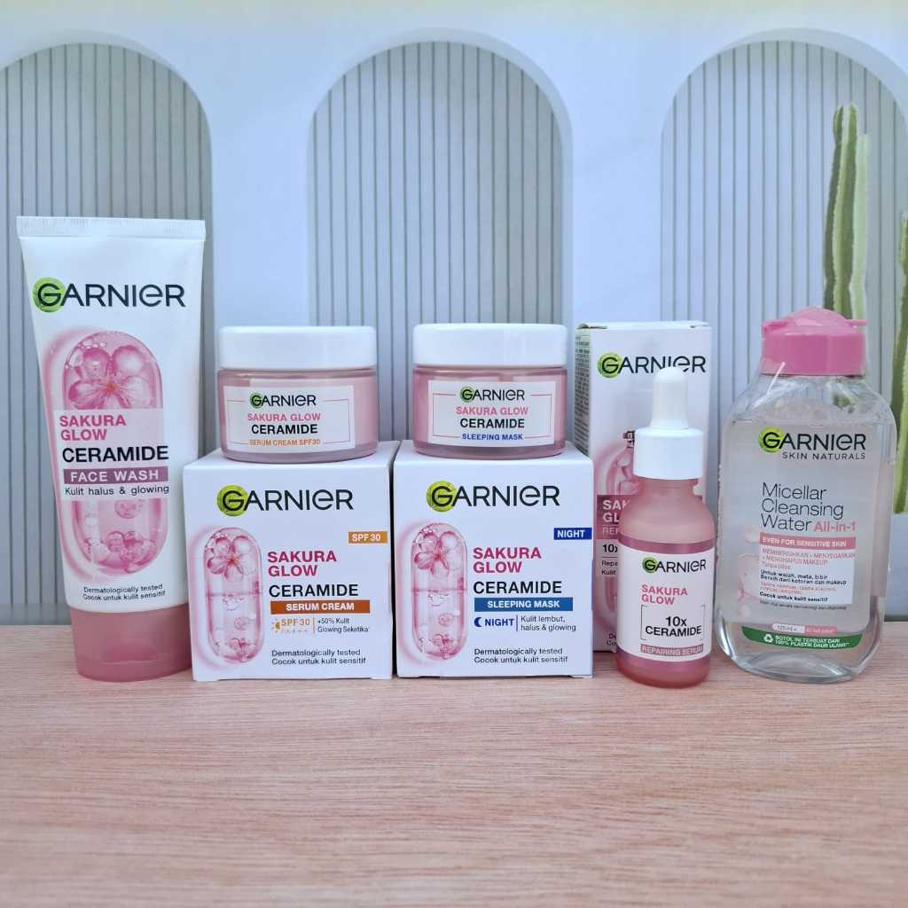 ( PROMO ) Paket Komplit 5in1 Skincare Garnier Sakura Glow Skin Barrier Simple Set - Untuk Kulit Glow