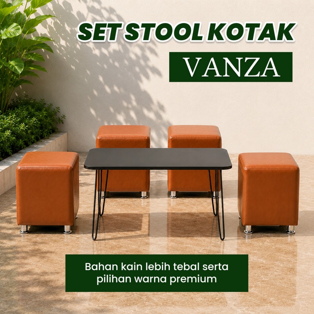 Set Stool Kotak Vanza 4 Stool Kotak 1 Meja Panjang Bahan Vanza Oscar Minimalis Mewah Modern Elegan K