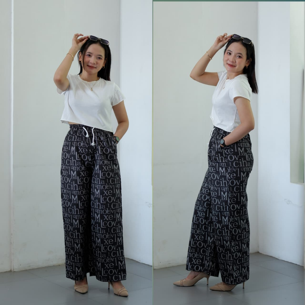 Elara - Everyday Pants Strip Pants Motif Huruf Abstrak Loose Pants Wanita Forma casual Loose Basic
