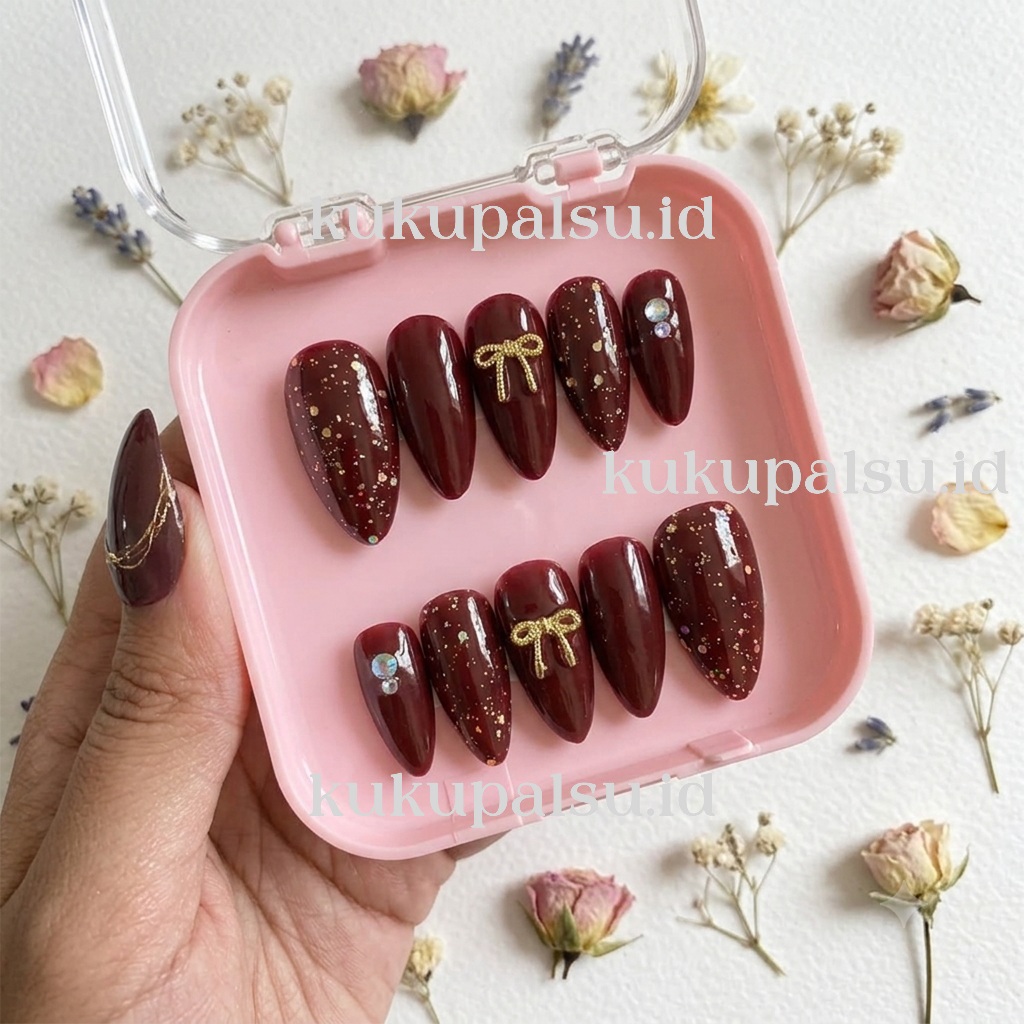 Kuku palsu wedding maroon + lem| Kuku palsu ALMOND pengantin maroon mewah| Nail art maroon press on 