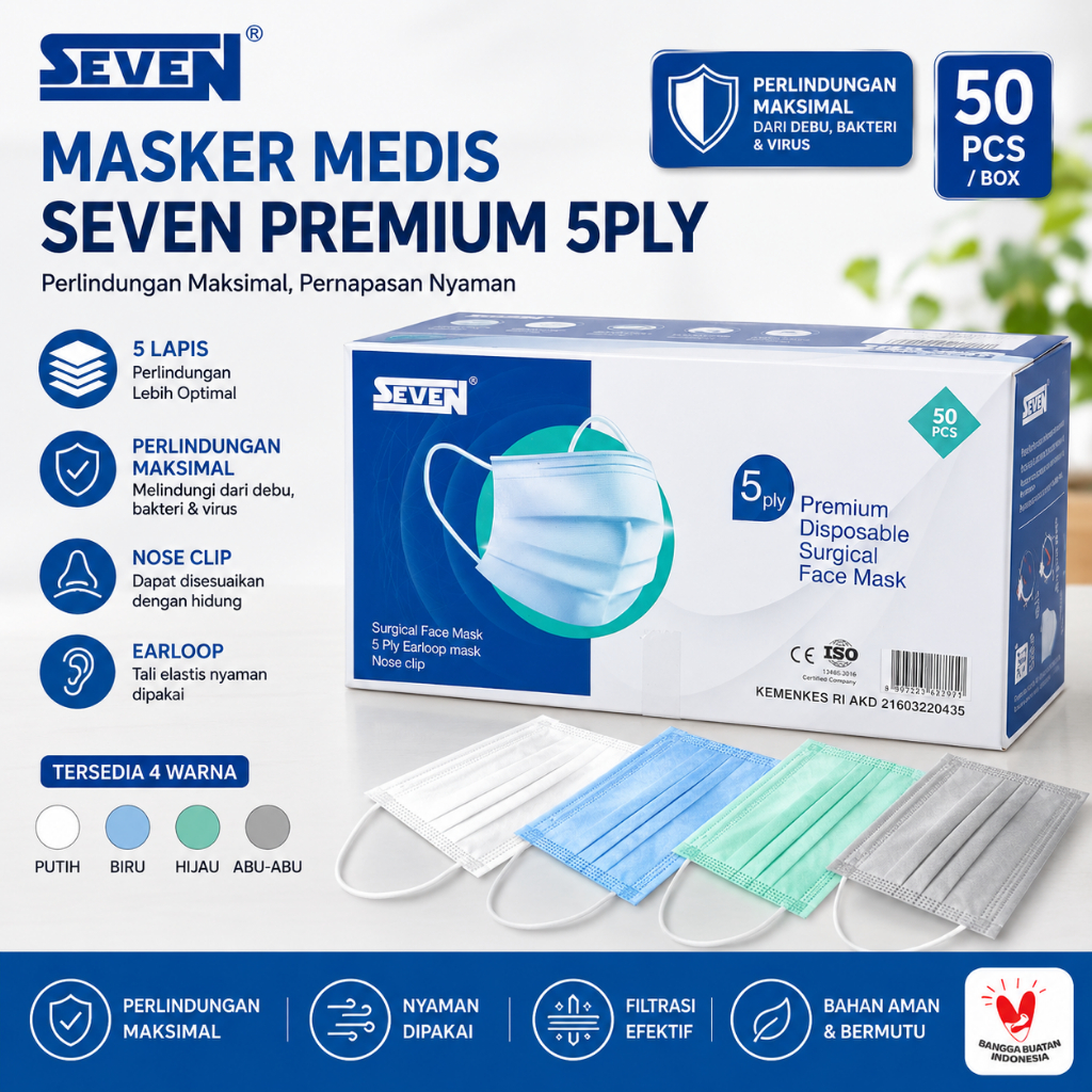 Masker Seven Premium Surgical 5ply isi 50 / Etalase Campur Semua Masker Medis Seven