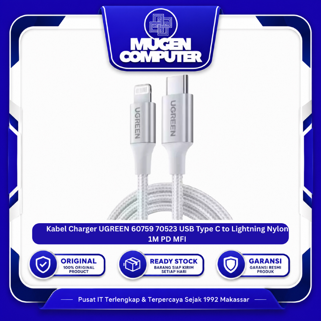 Kabel Charger UGREEN 60759 70523 USB Type C to Lightning Nylon 1M PD MFI