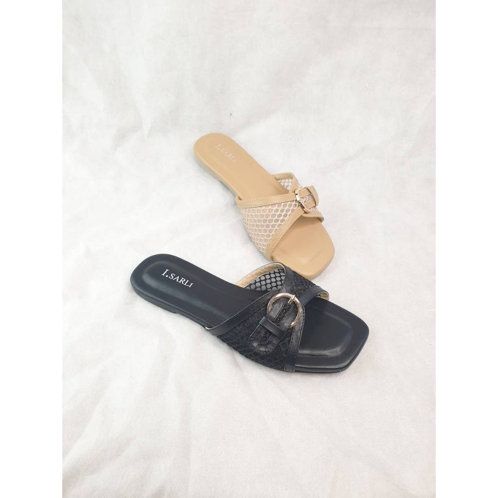 Isarli Shoes - Sandal Flat Wanita Gesper Gold JJ.211 - Sandal Slide Selop Teplek Mesh Simple Elegan