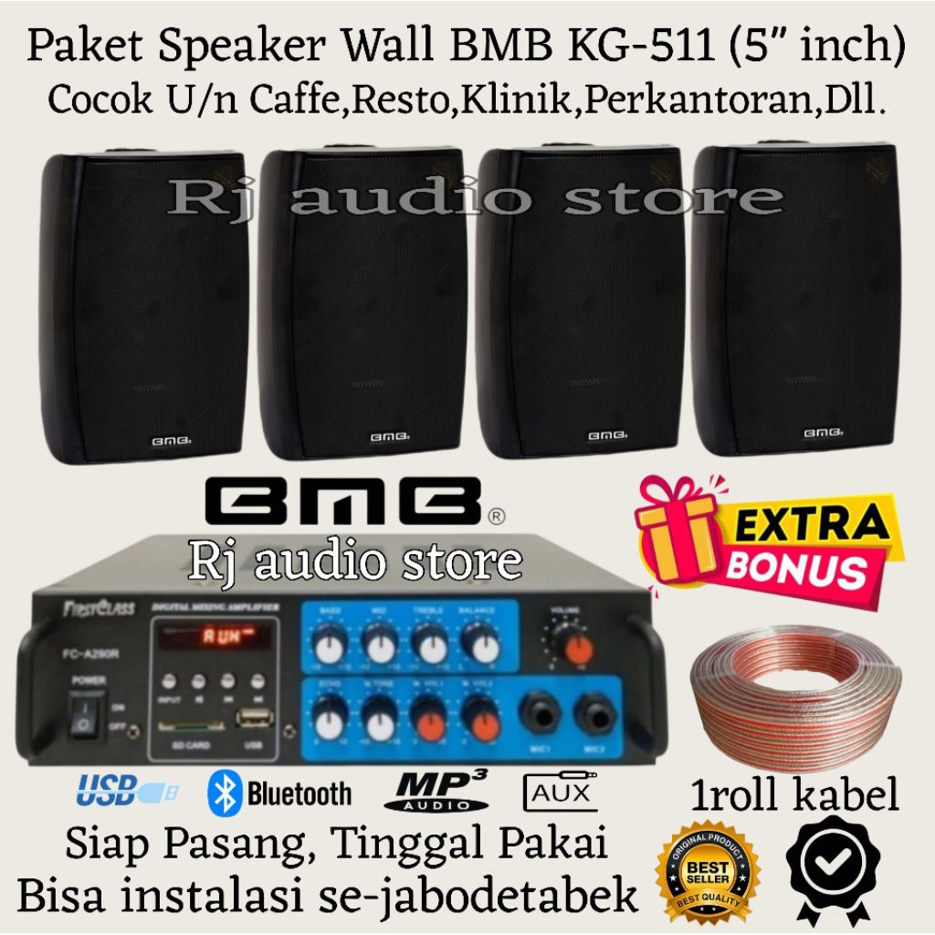 Paket Speaker Wall BMB KG-511 (5"inch) Siap Pasang, Tinggal Pakai, Paket Lengkap, Bonus Kabel 1 roll