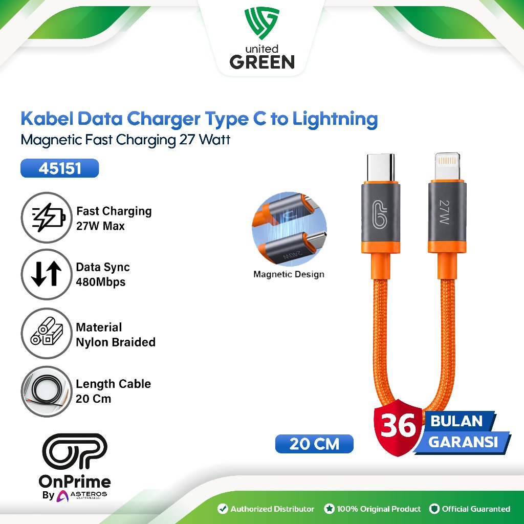 OnPrime 45151 Iron Series Kabel Data Type C to Lightning Magnetic Pendek 20CM 20W 27W 3A PD TPE  Pow