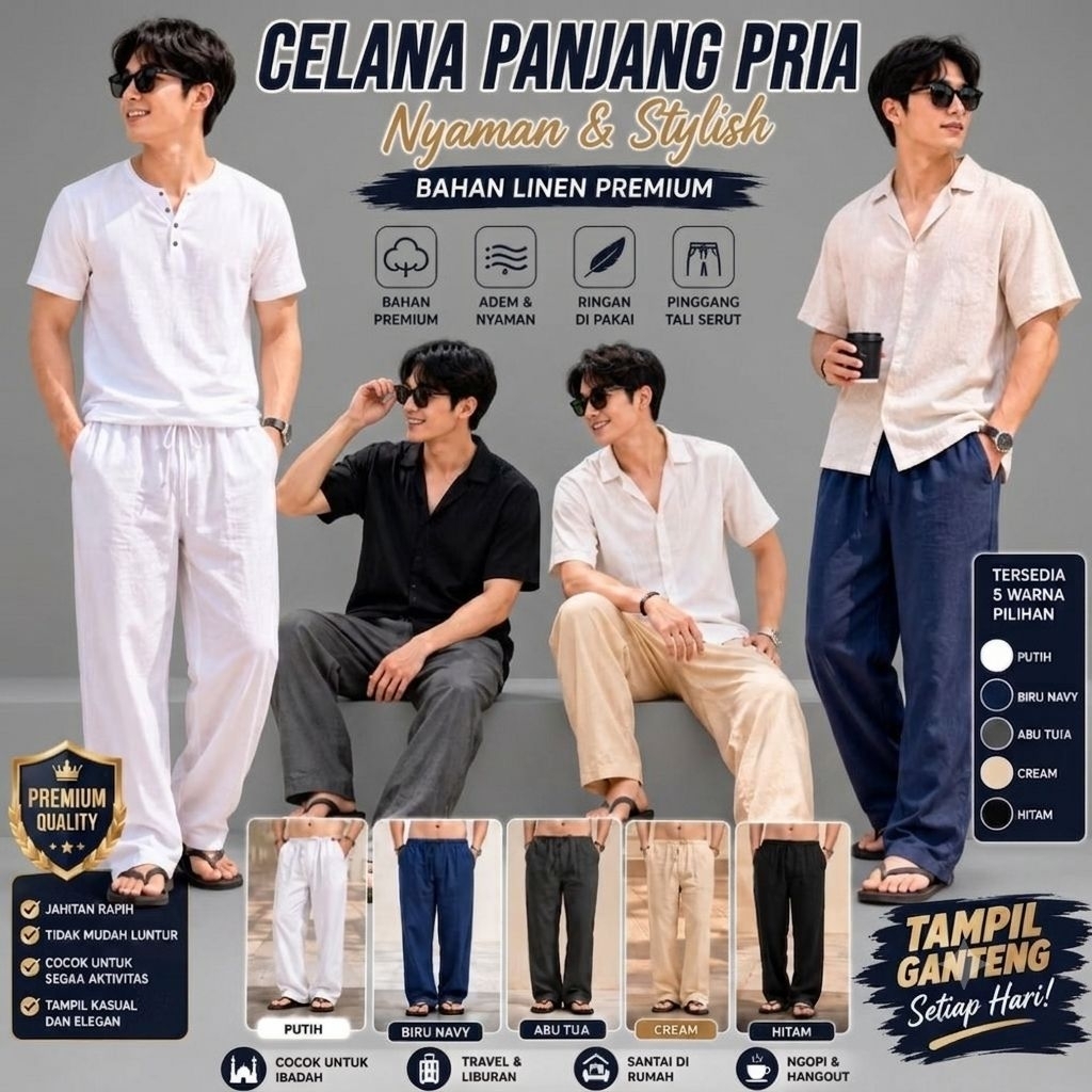 Cotton linen angel celana standar reguler pria celana komprang linen angel premium