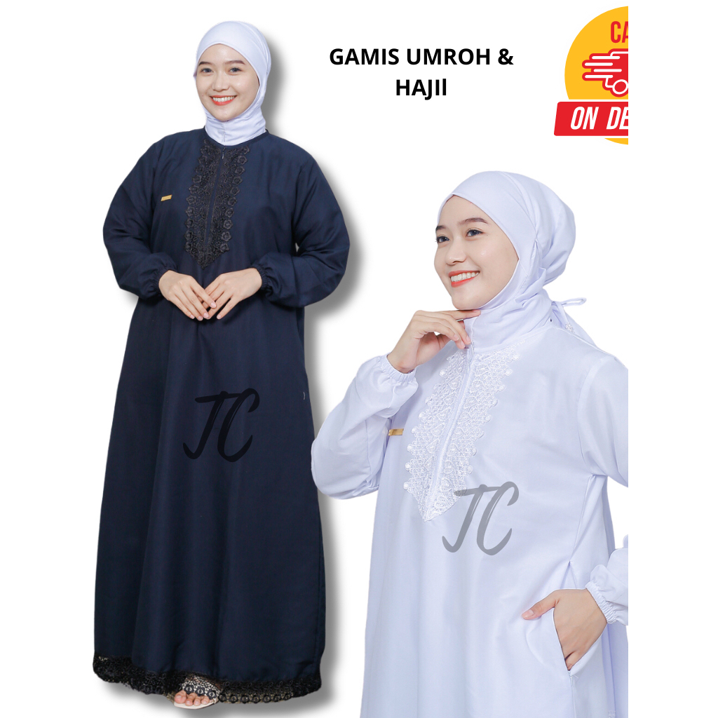 YUSIKU Gamis Hitam Putih katun renda lengan panjang umroh dan haji