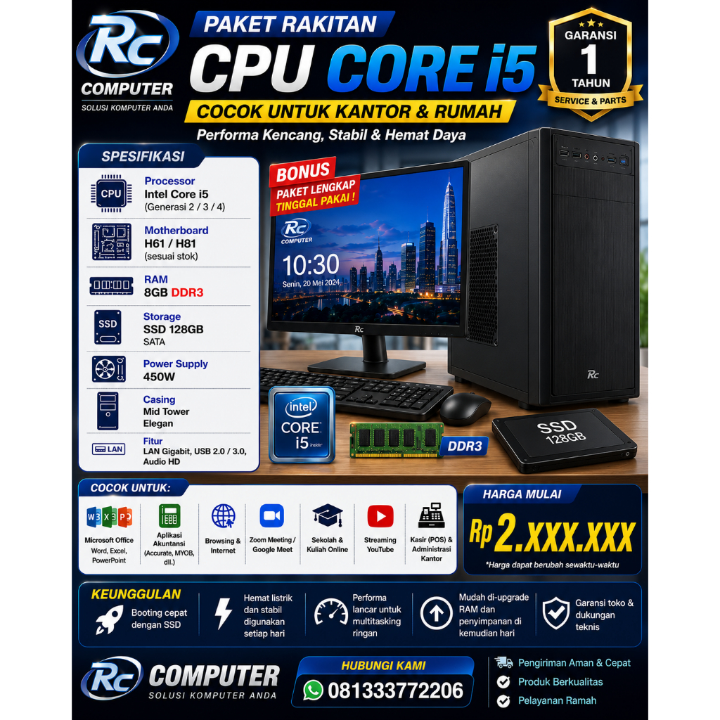 PC Komputer Kantor Intel Core i5 Fullset Untuk Kantor Dan Rumah