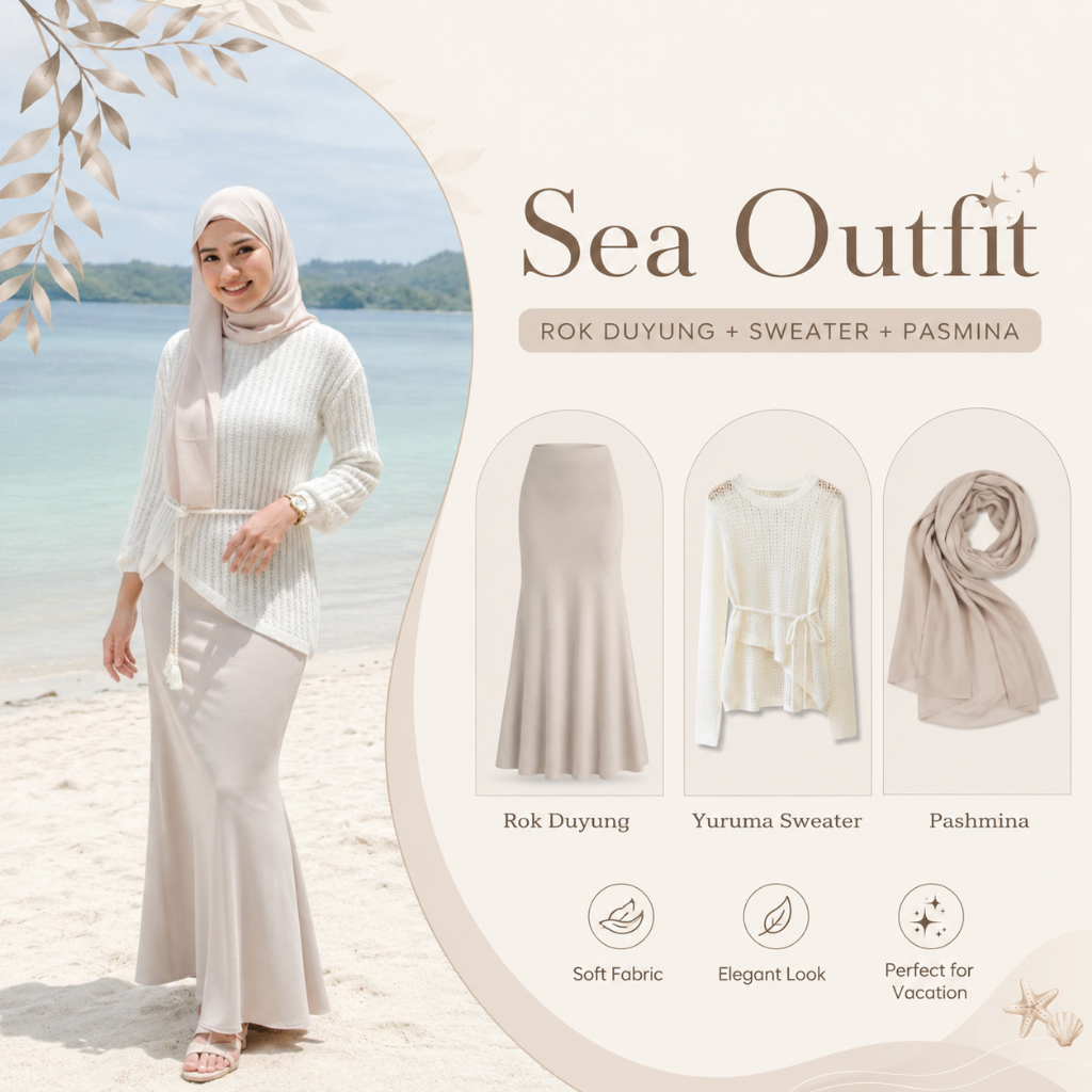 Oneset Sea Outfit Sweater Yuruma Rok Duyung Pasmina Setelan Fashion Hijab Kepantai Putih Ivory Sweat