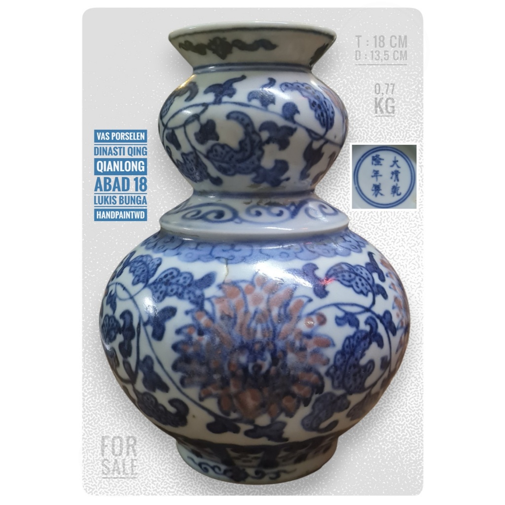 Vas Bunga Porselen Qing Qianlong Lukis Bunga Handpainted