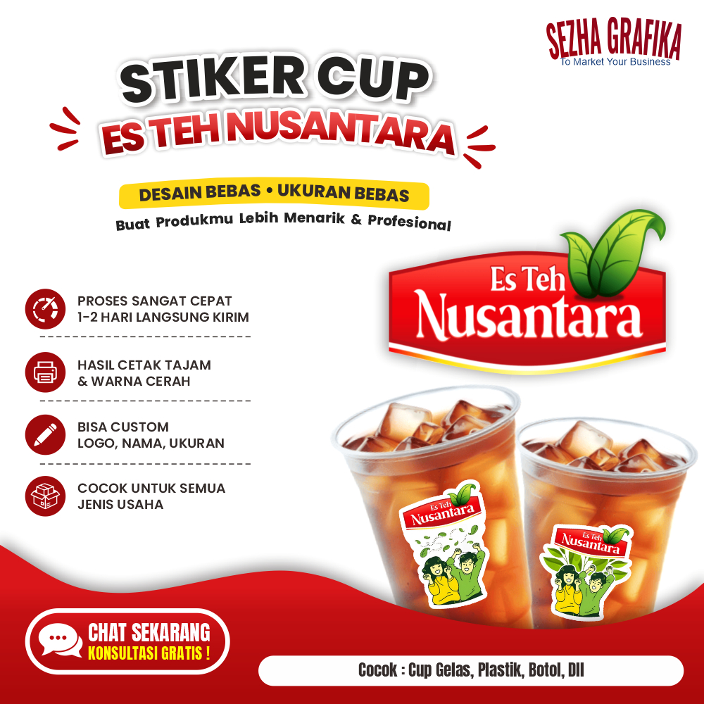 90 Pcs Stiker Label Cup Es Teh Nusantara Stiker Minuman Anti Air Vinyl Glossy Transparan A3+