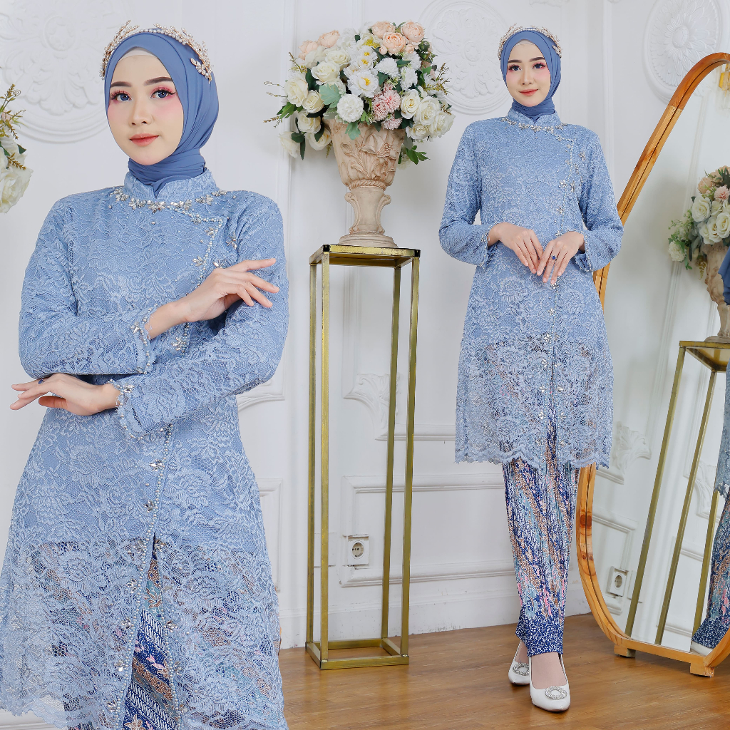 Setelan Kebaya Modern Tunik Brokat Payet Syafira Baby Blue Dan Rok Plisket
