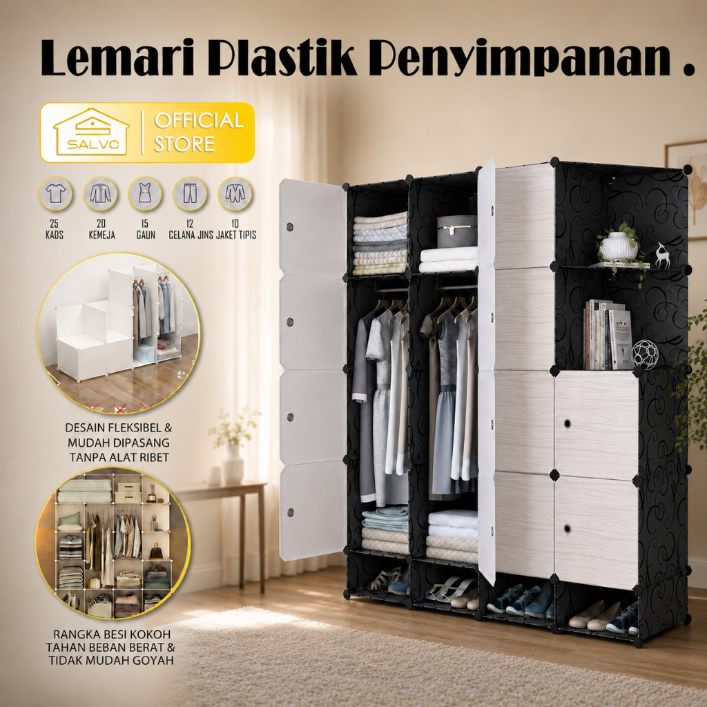Salvo Lemari Pakaian Plastik Putih Anti Debu Pasang Mudah
