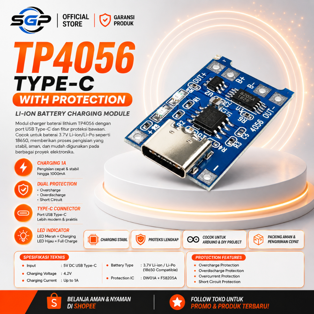 TP4056 Modul Charger Tipe C Full Protection TP4056 Type C Battery Charging Module Lithium Modul Char