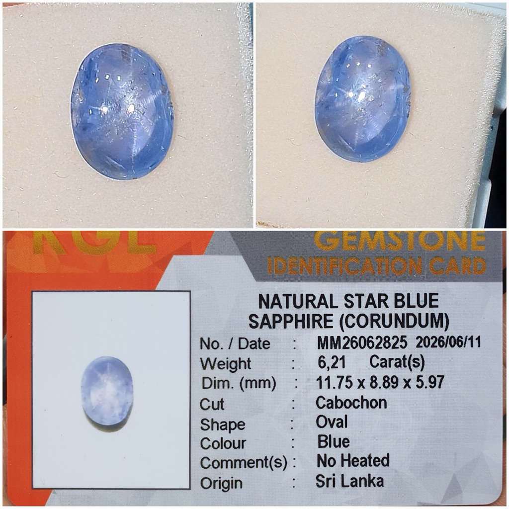 natural star blue sapphire srilanka 6.21ct Noheated/unheated memo KGL