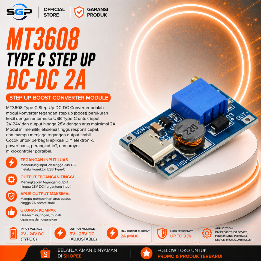 MT3608 Tipe C Step Up DC-DC 2A Stepup DC to DC Module Power Booster MT3608 USB TIPE C Step Up Adjust