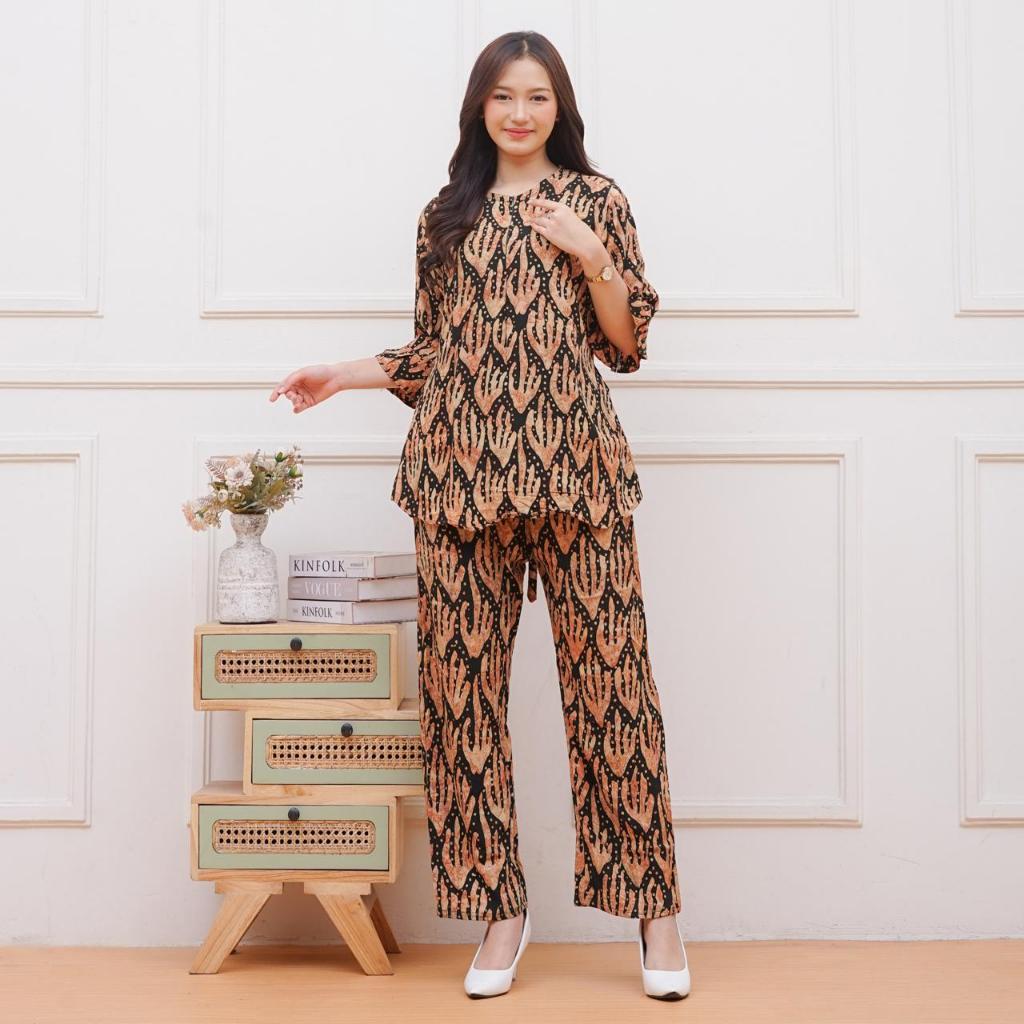 One Set - Setelan CP Lengan Pendek LD 110 Batik Cap Malaman Bahan Rayon Tebal