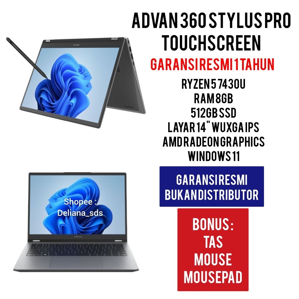 Laptop Advan 360 Stylus Pro Touchscreen Ryzen 5 7430 8GB/512GB 14" WUXGA Garansi Resmi 1 Tahun Advan