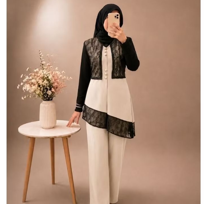 Sahla Oneset Vest Setelan Celana Wanita pesta Vest Kombinasi Chantyly
